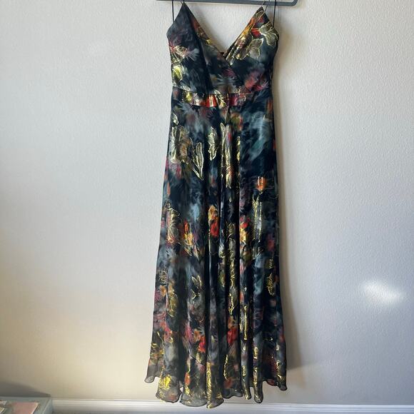 Nicole Miller Collection Silk Formal Floral Gold Metallic Maxi Dress - Picture 4 of 12